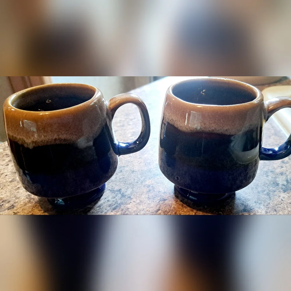 Vtg Retro Drip Glaze High Gloss Stoneware Coffee Tea Cup Mug Blue Brown Cream 2